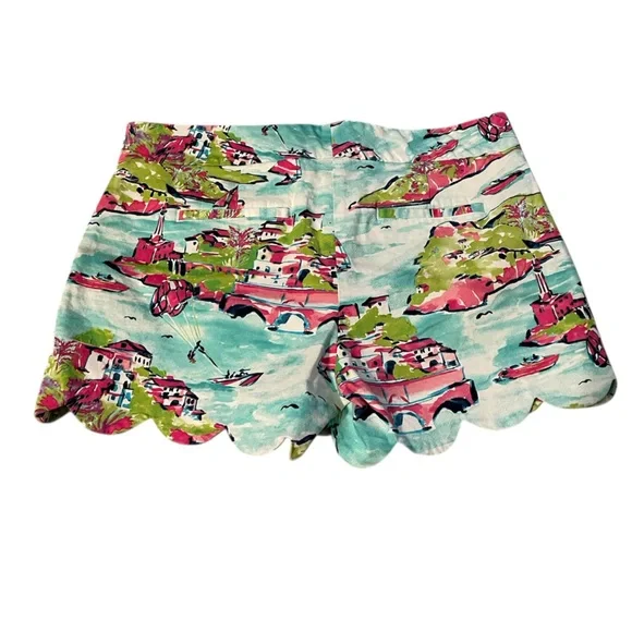 Crown & Ivy Watercolor Waterscape Scalloped Shorts Womens Size 8 Blue Coastal - Picture 2 of 9